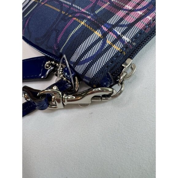 Coach Tartan Plaid Canvas Leather Strap Navy Pink Wristlet 6”x5” NWOT - Picture 3 of 8
